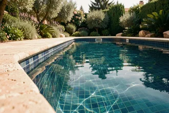 Piscine résidentielle avec revêtement en carrelage céramique bleu sous une eau cristalline, entourée de pierres naturelles et d'un jardin méditerranéen