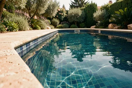 Piscine résidentielle avec revêtement en carrelage céramique bleu sous une eau cristalline, entourée de pierres naturelles et d'un jardin méditerranéen