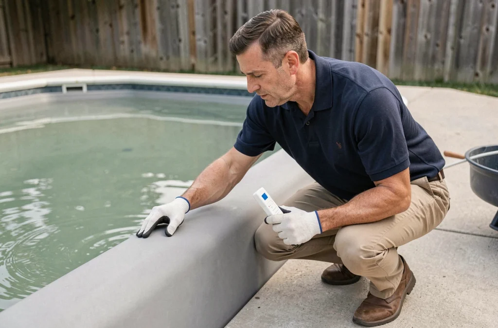 Technicien de piscine inspectant un revêtement en liner polyester gris et testant la qualité de l'eau dans une piscine privée