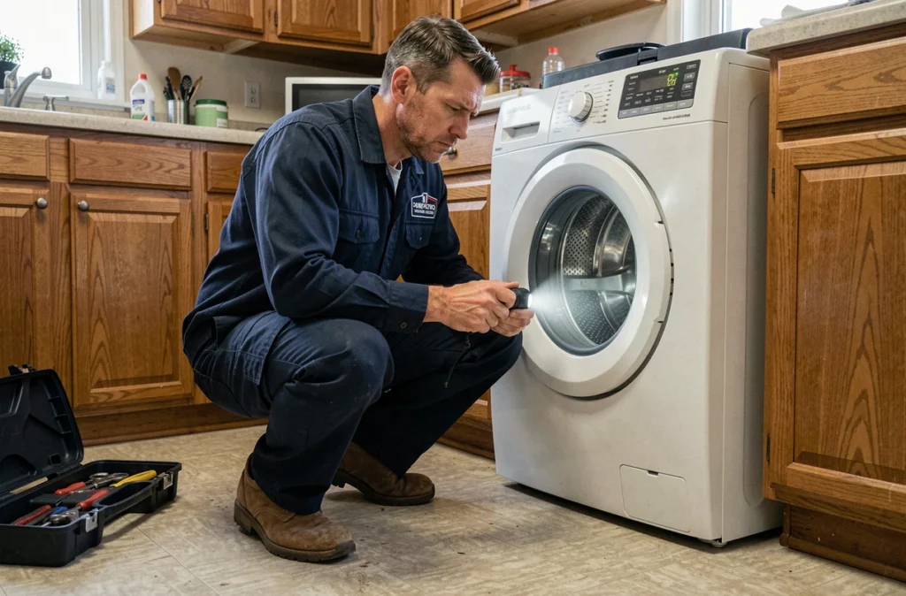 Technicien SAV inspectant un lave-linge en panne dans une cuisine résidentielle