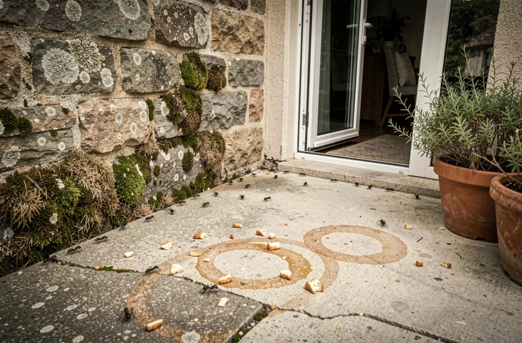 Terrasse extérieure envahie par des insectes noirs longeant un mur en pierre vers une porte coulissante ouverte en été