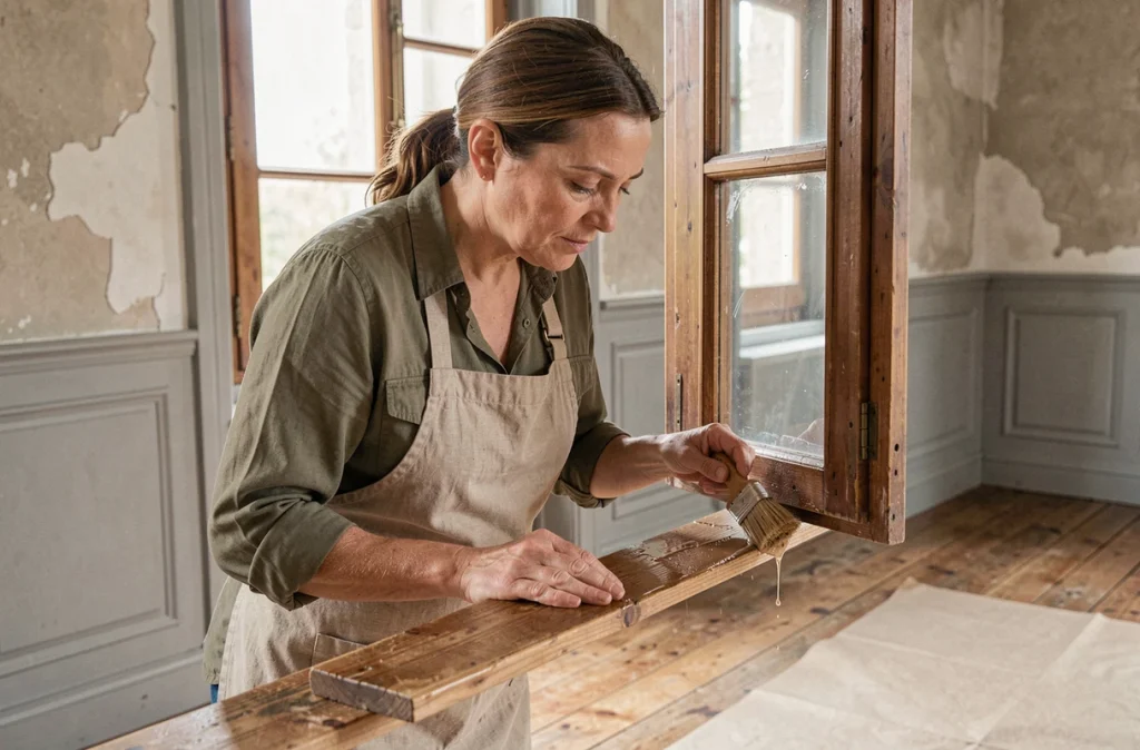 Femme appliquant un traitement écologique contre la mite du bois sur un encadrement de fenêtre en bois ancien