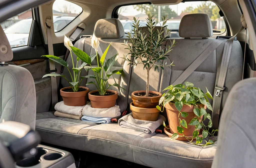 Plantes en pots sécurisées sur la banquette arrière d'un SUV familial pendant un déménagement