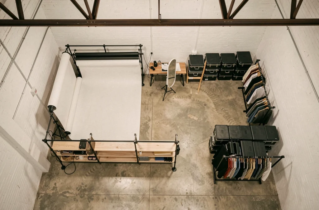 Vue aérienne d'un studio photo divisé en zones grâce à un système de dressing modulable sur rail