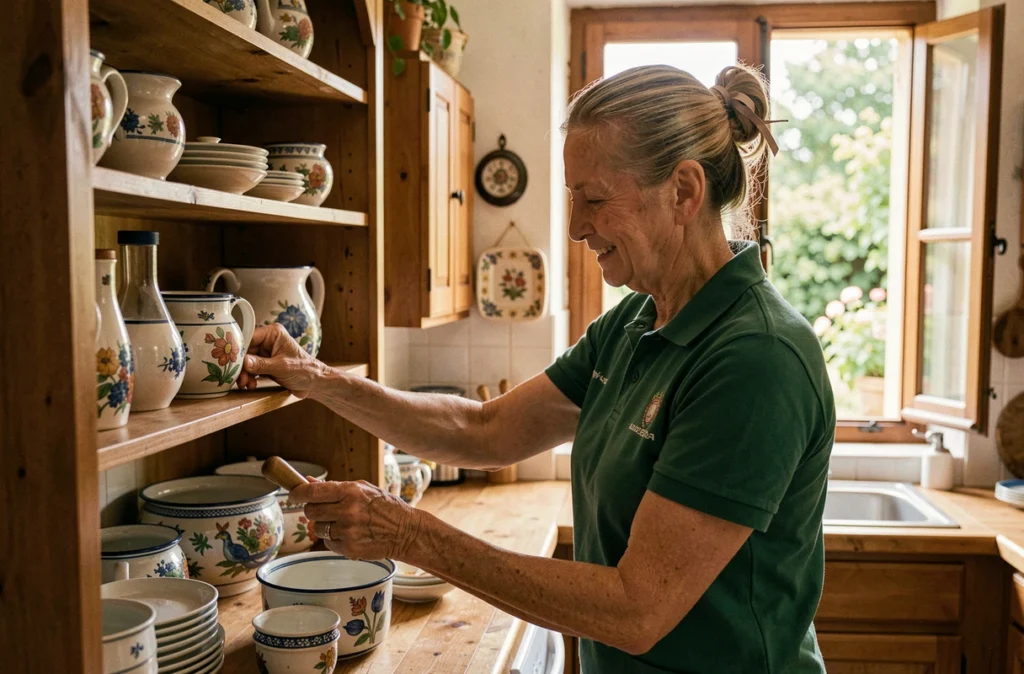 Aide à domicile AIDADOMI aidant un senior à ranger sa cuisine dans une maison provençale
