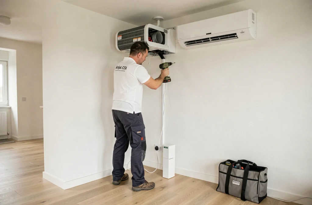 Technicien Anjac CSI en train d'installer un système de climatisation et de pompe à chaleur dans un salon rénové