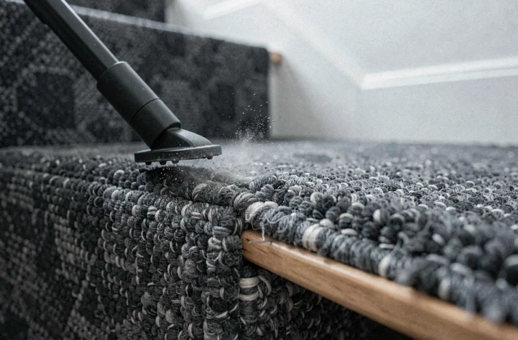 Aspirateur appliqué sur la moquette d'une marche d'escalier grise pour retirer la poussière et prolonger sa durée de vie