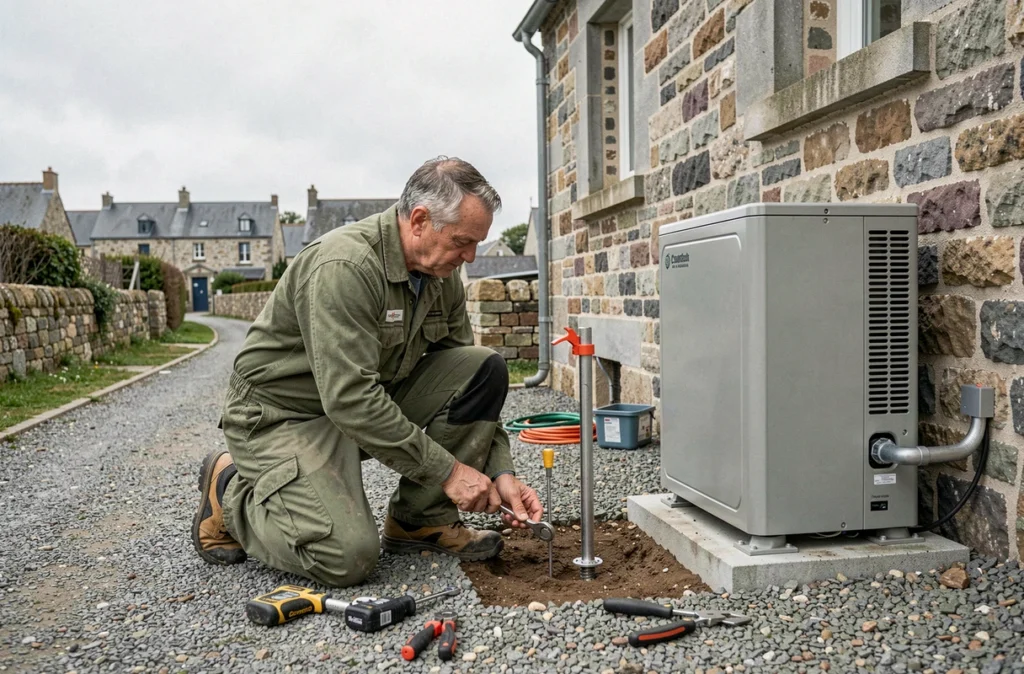 Installateur de Compao Chauffagiste Ploërmel fixant une unité extérieure de pompe à chaleur derrière une maison en pierre au cœur du Morbihan