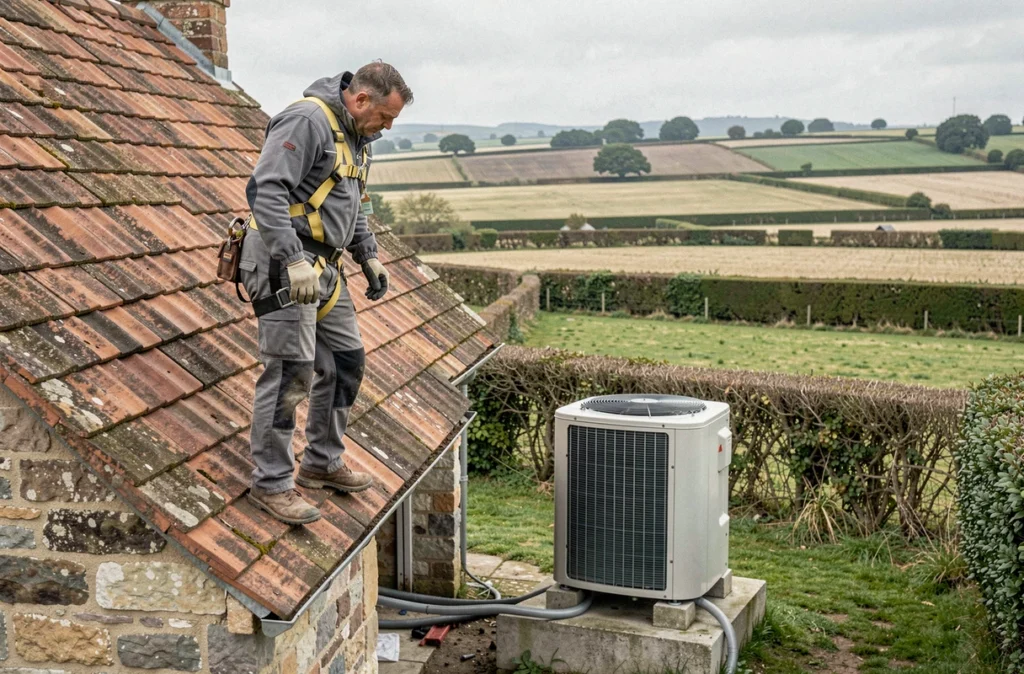 Couvreur installateur de Couverture Jule sur un toit en tuiles d'une ferme morbihannaise avec une pompe à chaleur en cours d'installation dans le jardin