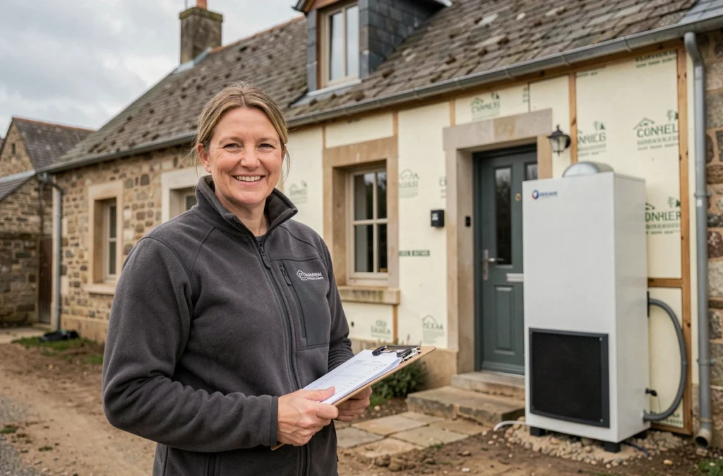 Conseillère en rénovation énergétique de Couverture Sud Morbihan devant une maison bretonne en cours de rénovation thermique globale avec pompe à chaleur installée