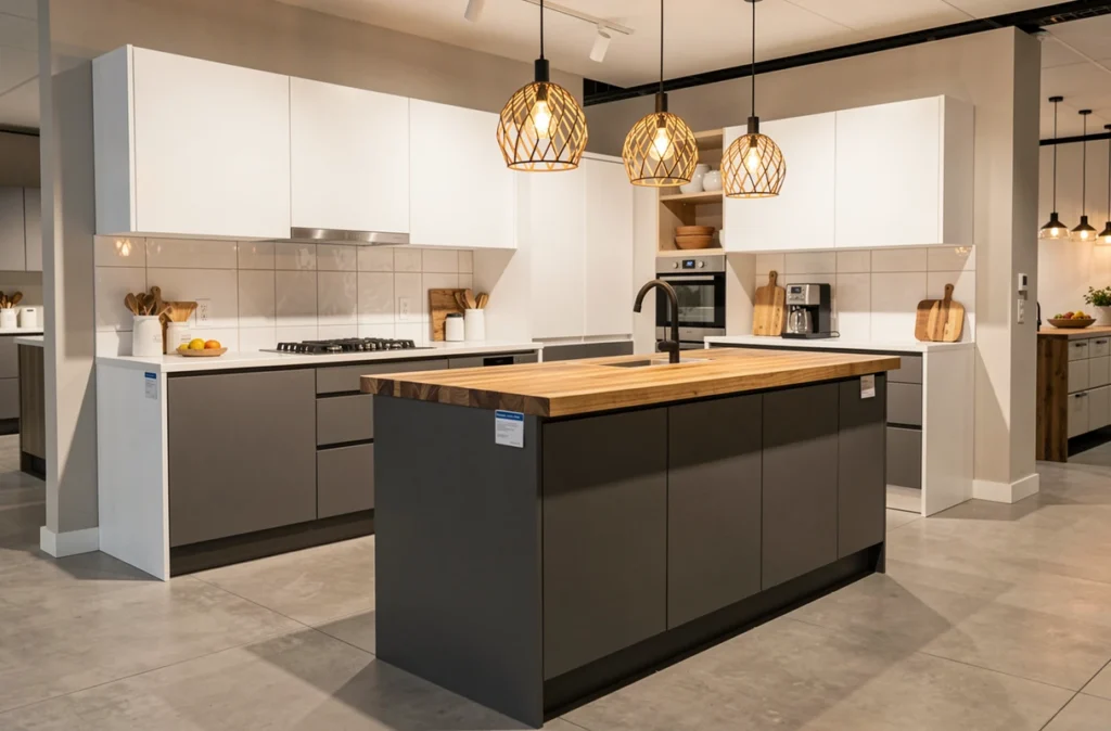 Cuisine exposée chez Cuisinella Nantes avec meubles gris anthracite, îlot en bois et crédence carrelée