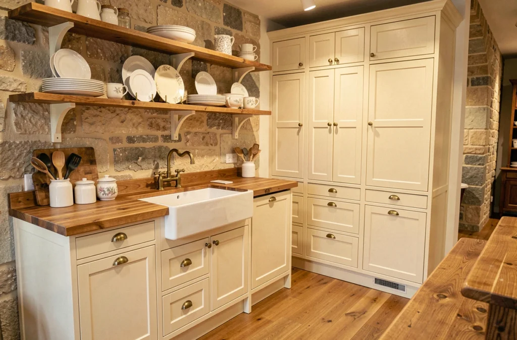 Cuisine traditionnelle Cuisines du Pilori Nantes style shaker crème avec robinetterie laiton et plan de travail chêne