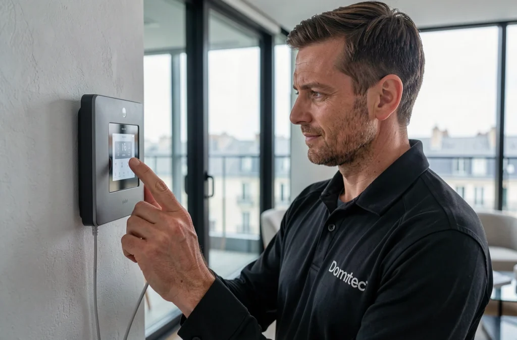 Technicien Domotec paramétrant un thermostat connecté dans un appartement haut de gamme à Paris