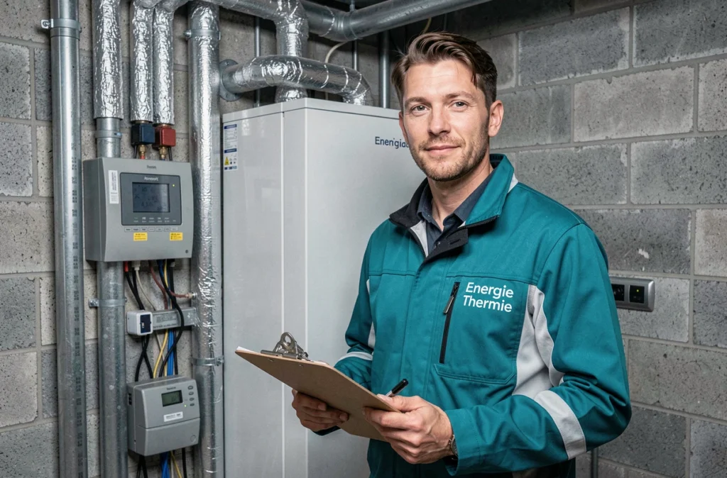 Technicien Energie Thermie devant une pompe à chaleur installée dans la chaufferie d'un immeuble parisien