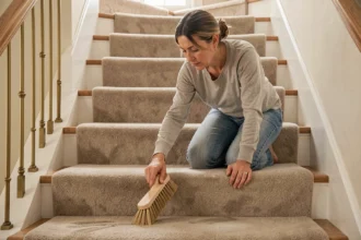 Femme entretenant la moquette d'un escalier intérieur avec une brosse à main pour conserver un aspect neuf