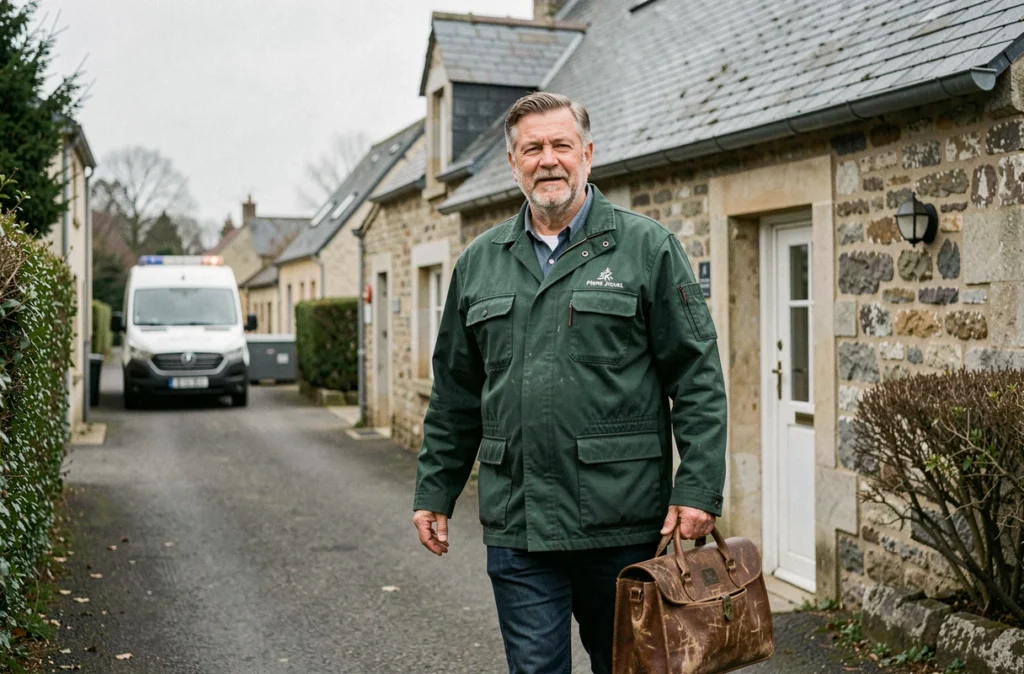 Chauffagiste de proximité des Établissements Pierre Jiquel arrivant chez un client dans un village typique du Morbihan pour entretenir une pompe à chaleur