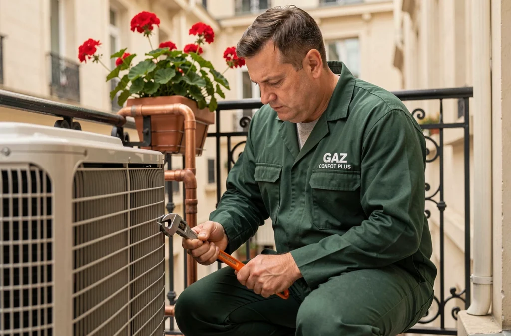 Technicien GAZ CONFORT PLUS connectant les tuyauteries cuivre d'un groupe extérieur sur un balcon parisien