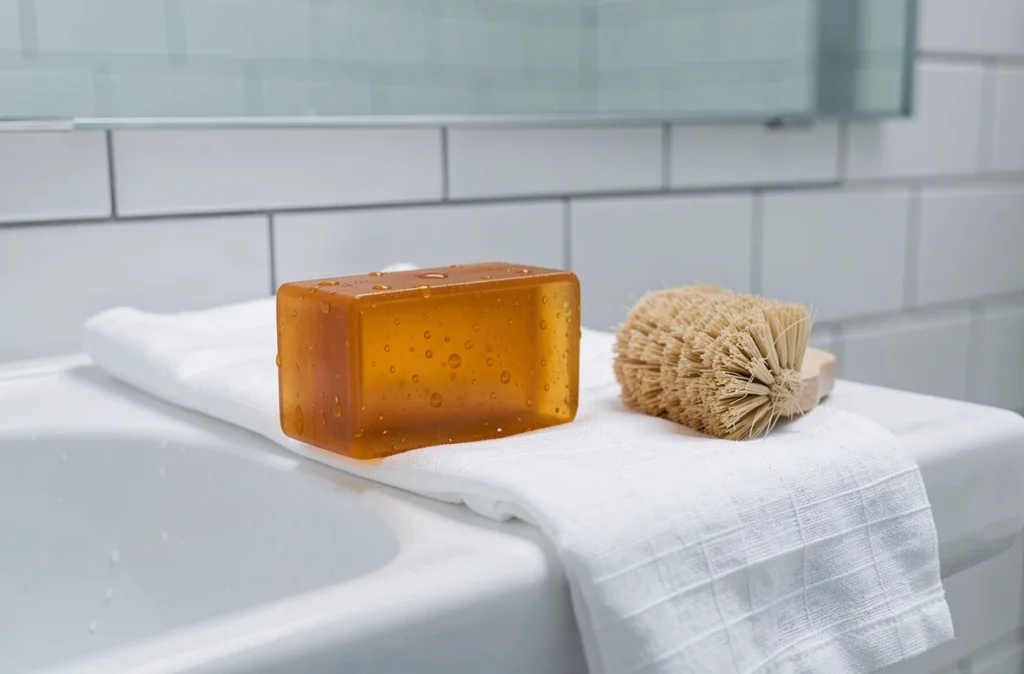 Gros plan d'un savon au fiel de bœuf posé sur un bord de lavabo en céramique blanche avec une serviette en lin propre et une brosse naturelle