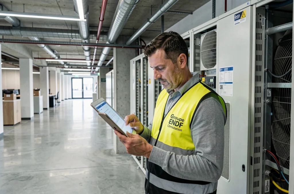Ingénieur du Groupe ENDF Climatisation consultant un plan technique devant une installation multi-split à Paris
