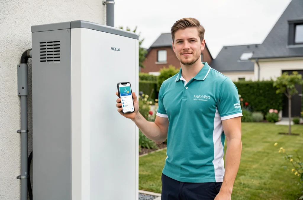 Installateur certifié RGE Hello Watt devant une pompe à chaleur installée sur un pavillon du Morbihan, consultant l'application Hello Watt sur son smartphone