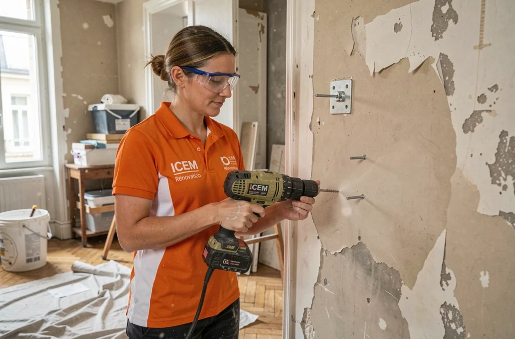 Technicienne ICEM Rénovation perçant les fixations d'un climatiseur dans un appartement parisien en rénovation