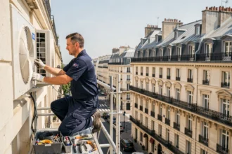 Technicien installant une climatisation sur un immeuble haussmannien à Paris