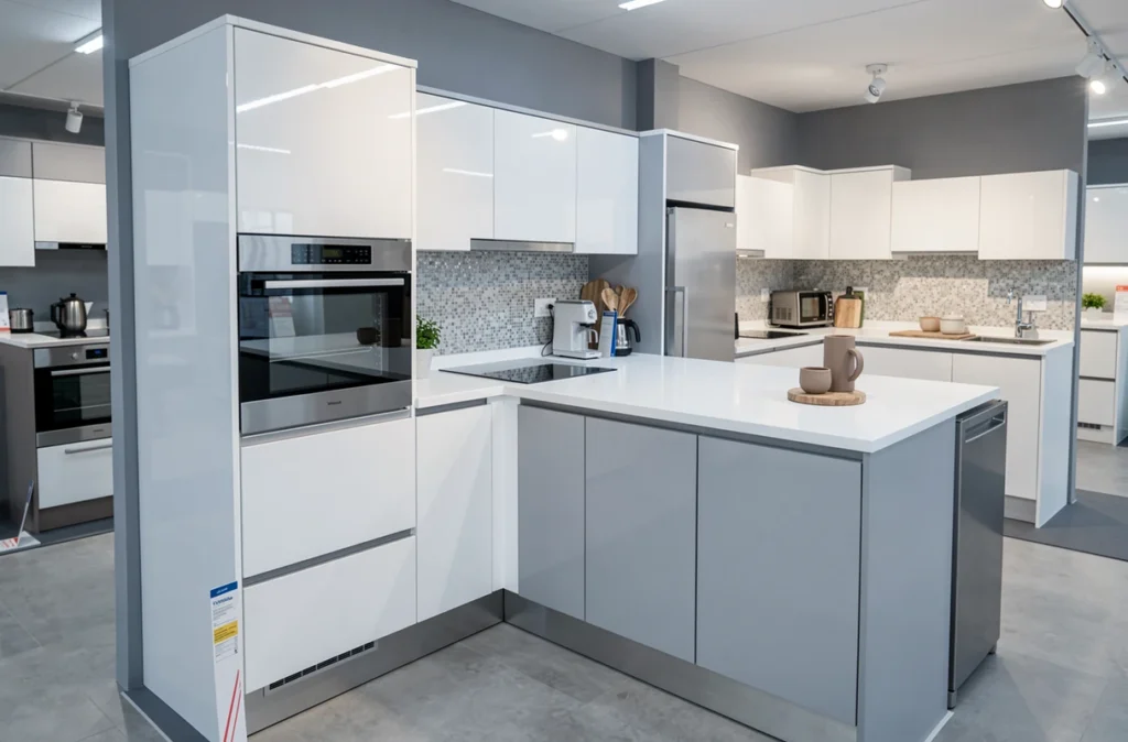 Cuisine Ixina Nantes moderne blanche et grise avec péninsule bar et crédence mosaïque dans showroom