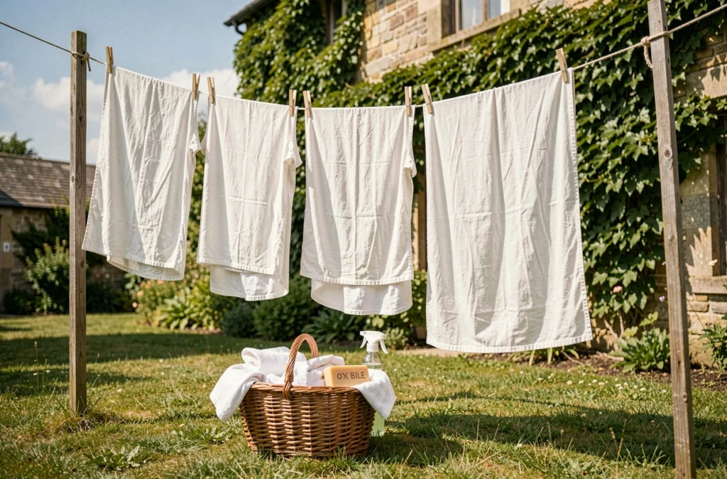 Linge blanc suspendu sur un étendoir en bois dans un jardin de campagne avec un savon au fiel de bœuf posé sur un panier en osier rempli de vêtements propres
