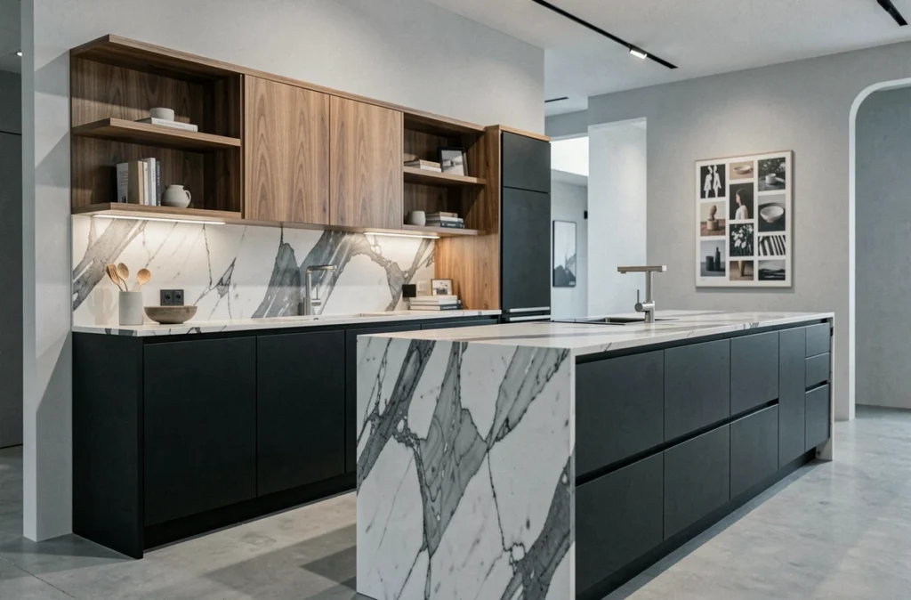 Cuisine sur mesure LP Concept Nantes avec meubles noirs mats, étagères en noyer et îlot en marbre effet waterfall