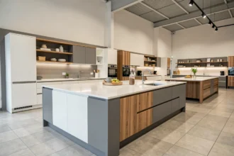 Vue d'ensemble d'un showroom de cuisinistes à Nantes avec plusieurs cuisines exposées en 2026