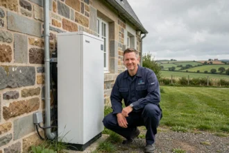 Installateur professionnel de pompe à chaleur devant une maison bretonne en pierre dans le Morbihan, illustrant le classement des meilleurs installateurs PAC de la région en 2026