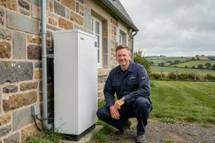 Installateur professionnel de pompe à chaleur devant une maison bretonne en pierre dans le Morbihan, illustrant le classement des meilleurs installateurs PAC de la région en 2026