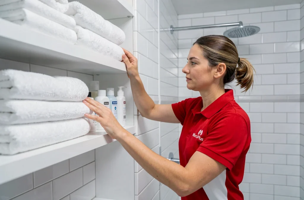 Professionnelle MerciPlus en polo rouge et blanc rangeant des serviettes et produits dans une salle de bain moderne du Var
