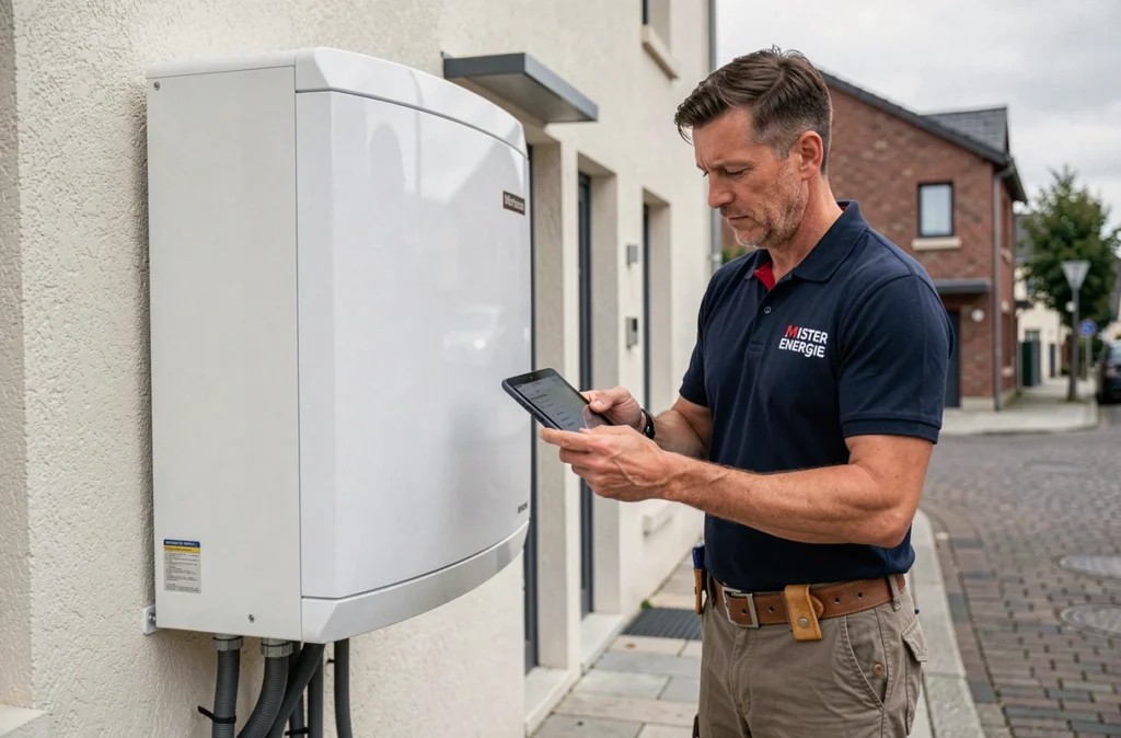 Technicien Mister Énergie inspectant une pompe à chaleur nouvellement installée sur une maison de Vannes dans le Morbihan