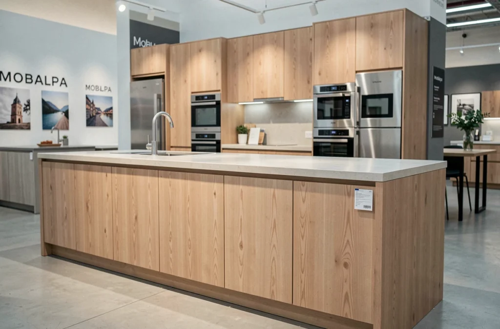 Cuisine Mobalpa Nantes style scandinave en bois de bouleau, plan de travail pierre et électroménager intégré