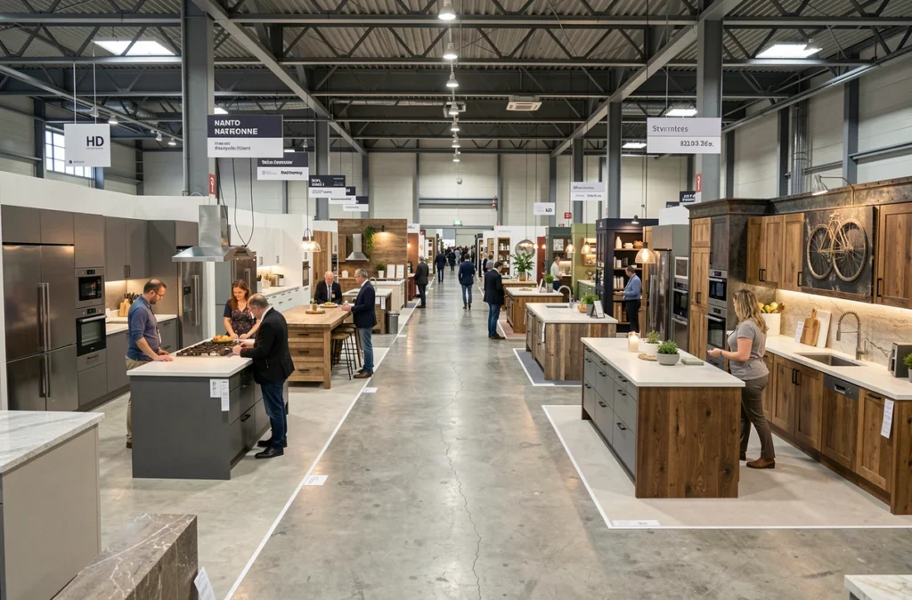 Hall d'exposition Nantes Expo Cuisine avec plusieurs cuisines exposées en styles variés et visiteurs adultes