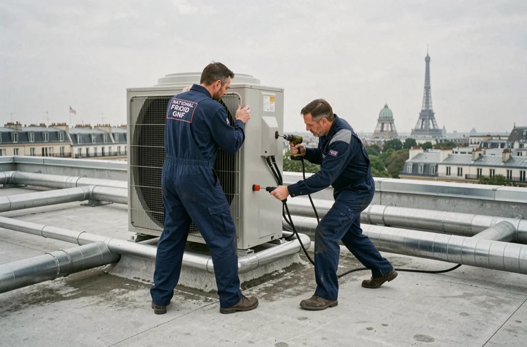 Deux techniciens National Froid GNF installant un groupe extérieur de climatisation sur un toit parisien