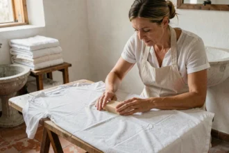 Femme utilisant un savon au fiel de bœuf pour détacher une chemise blanche sur une planche à laver en bois dans une buanderie rustique
