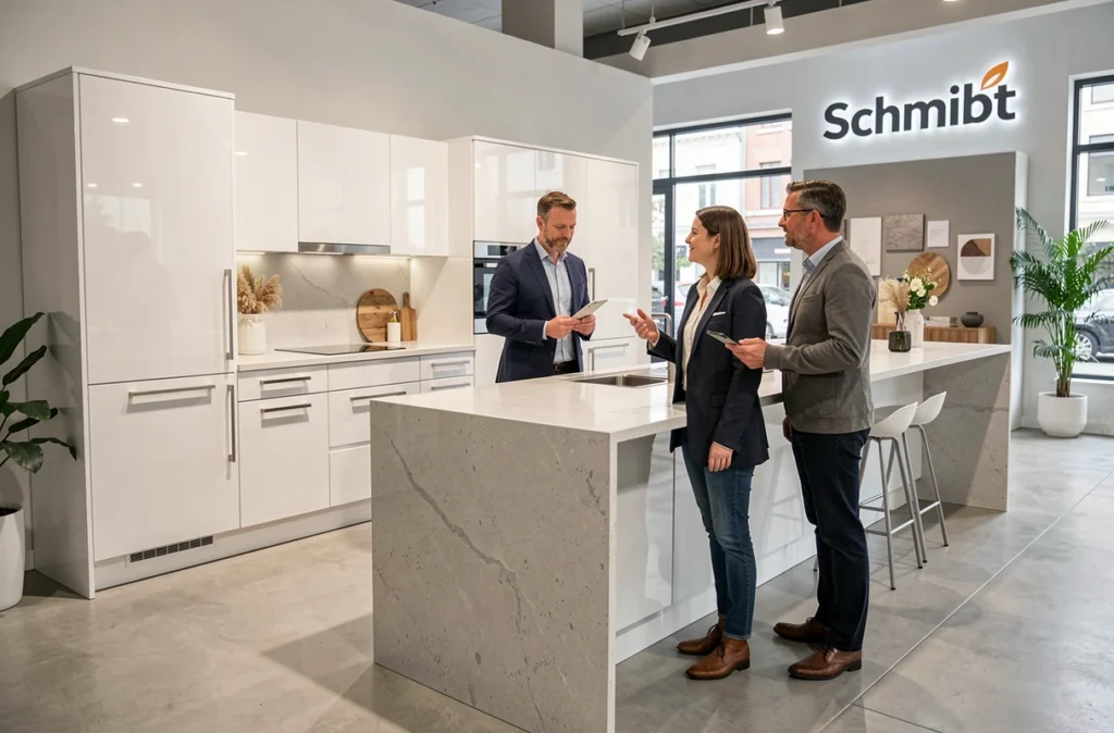 Un couple en consultation avec un designer cuisine Schmidt Nantes devant une cuisine modulaire blanche et épurée