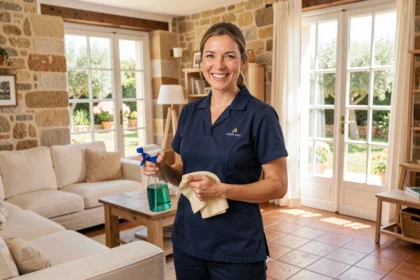 Professionnelle du ménage à domicile dans une maison provençale du Var, uniforme bleu marine, sourire chaleureux