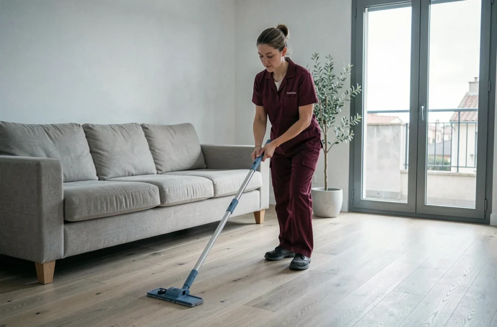 Agent de ménage Solidom Toulon en uniforme bordeaux lavant le parquet d'un appartement moderne à Toulon