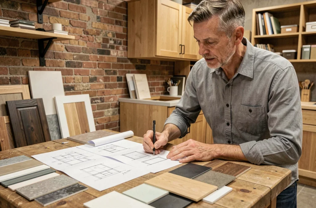 Designer de Studio de la Cuisine Nantes présentant des échantillons de matériaux et croquis pour une cuisine sur mesure