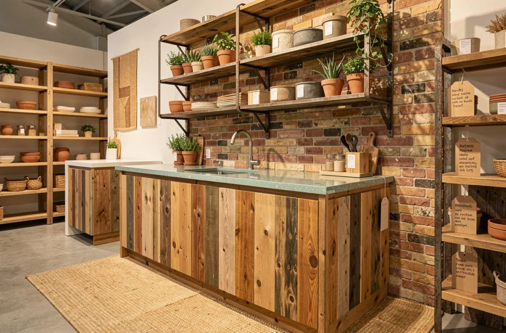 Cuisine écologique Valoriseco Nantes avec meubles en bois récupéré, plan de travail en verre recyclé et crédence en briques