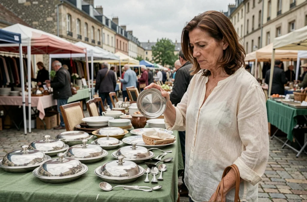 Femme inspectant des couverts en argent couverts sur un marché aux puces pour vérifier les poinçons