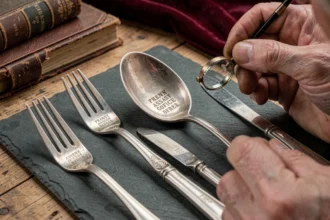 Gros plan sur des poinçons d'argent anciens sur des couverts, examinés à la loupe chez un antiquaire